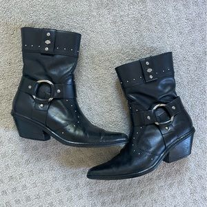 Harley Davidson Black Leather Harness Ankle Booties w/ Silver Embellishment (8)